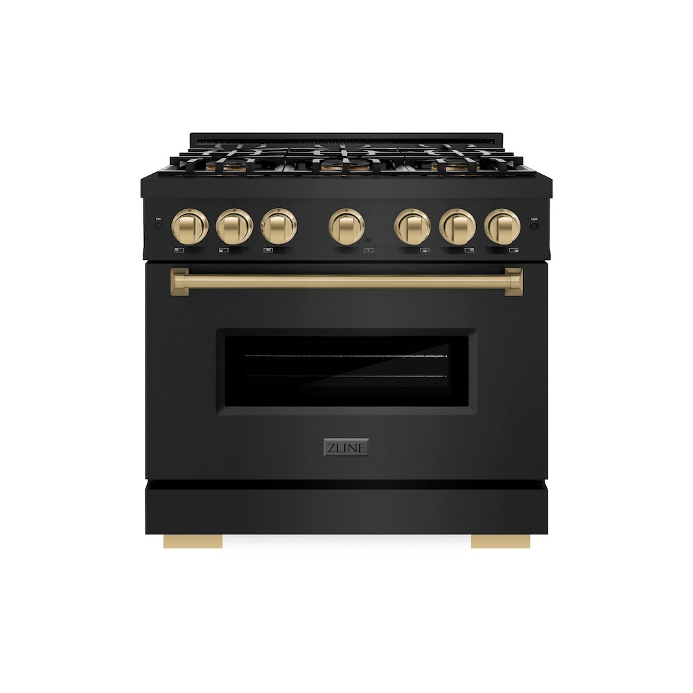 ZLINE Autograph Edition 36 in. 5.2 cu. ft. Classic Dual Fuel Range with 6 Burner DuoPro™ Cooktop and Electric Convection Oven in Black Stainless Steel and Champagne Bronze Accents (PCDRBZ-36-CB) front, oven closed.
