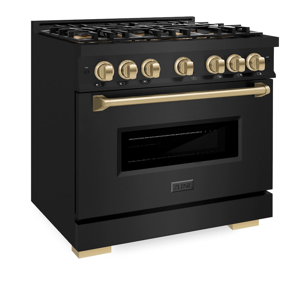 ZLINE Autograph Edition 36 in. 5.2 cu. ft. Classic Dual Fuel Range with 6 Burner DuoPro™ Cooktop and Electric Convection Oven in Black Stainless Steel and Champagne Bronze Accents, Open Box-Great Condition