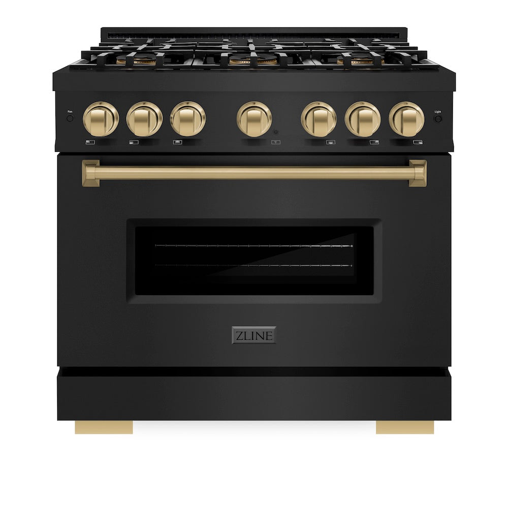 ZLINE Autograph Edition 36 in. 5.2 cu. ft. Classic Dual Fuel Range with 6 Burner DuoPro™ Cooktop and Electric Convection Oven in Black Stainless Steel and Champagne Bronze Accents, Open Box-Great Condition