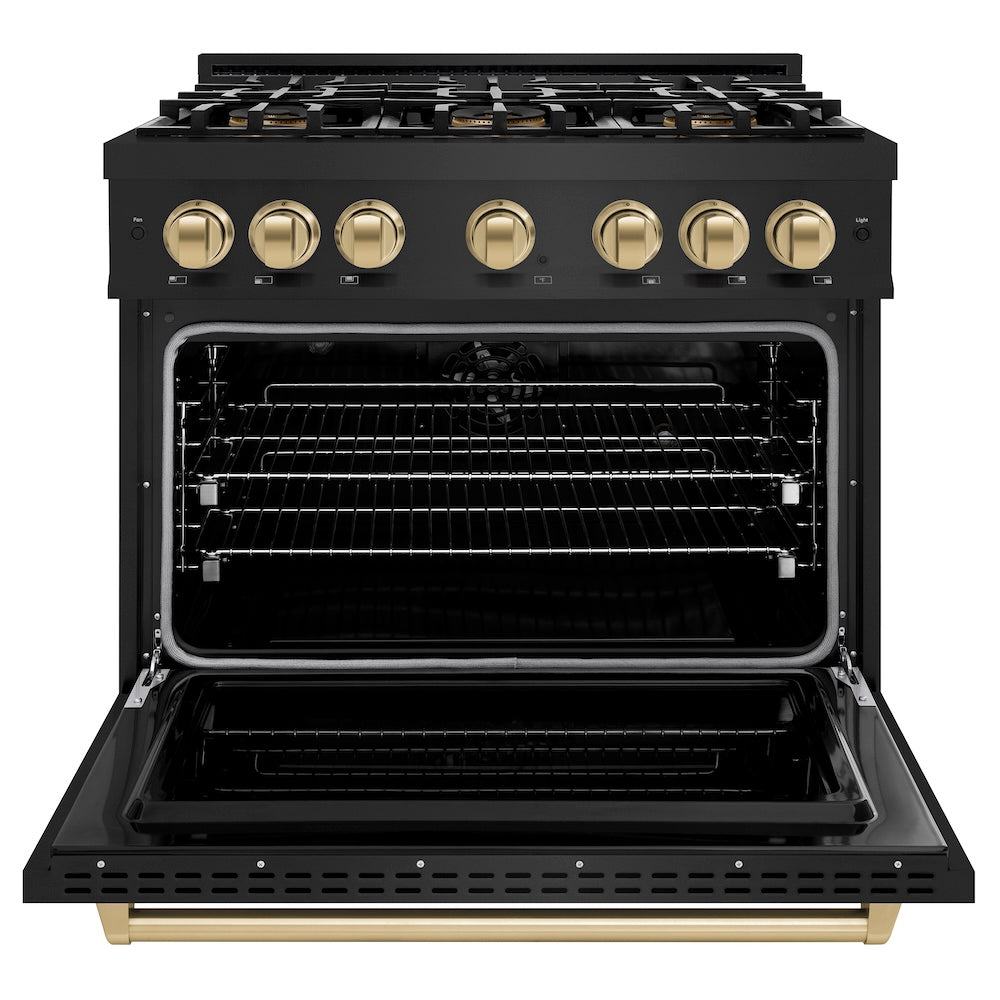 ZLINE Autograph Edition 36 in. 5.2 cu. ft. Classic Dual Fuel Range with 6 Burner DuoPro™ Cooktop and Electric Convection Oven in Black Stainless Steel and Champagne Bronze Accents, Open Box-Great Condition