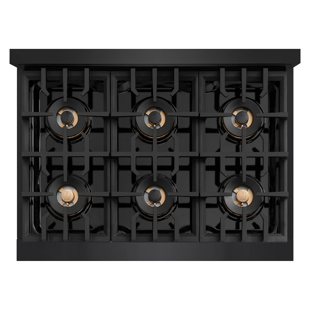 ZLINE Autograph Edition 36 in. 5.2 cu. ft. Classic Dual Fuel Range with 6 Burner DuoPro™ Cooktop and Electric Convection Oven in Black Stainless Steel and Champagne Bronze Accents, Open Box-Great Condition
