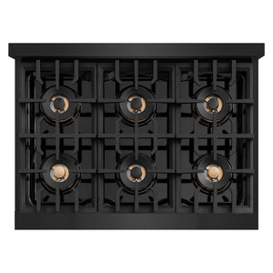 ZLINE Autograph Edition 36 in. 5.2 cu. ft. Classic Dual Fuel Range with 6 Burner DuoPro™ Cooktop and Electric Convection Oven in Black Stainless Steel and Champagne Bronze Accents, Open Box-Great Condition