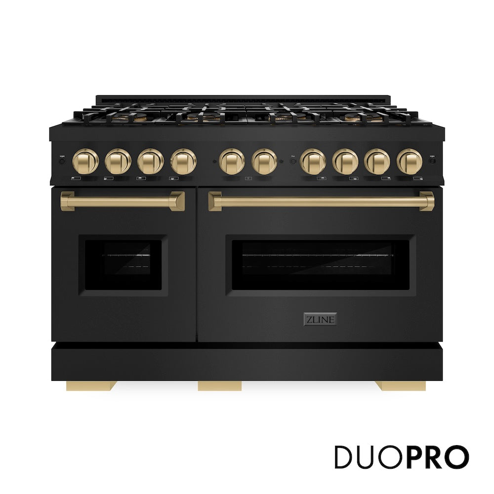 ZLINE Autograph Edition 48 in. 6.7 cu. ft. Classic Dual Fuel Range with 8 Burner DuoPro™ Cooktop and Dual Ovens in Black Stainless Steel and Champagne Bronze Accents, Open Box-Great Condition