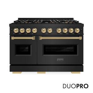 ZLINE Autograph Edition 48 in. 6.7 cu. ft. Classic Dual Fuel Range with 8 Burner DuoPro™ Cooktop and Dual Ovens in Black Stainless Steel and Champagne Bronze Accents, Open Box-Great Condition
