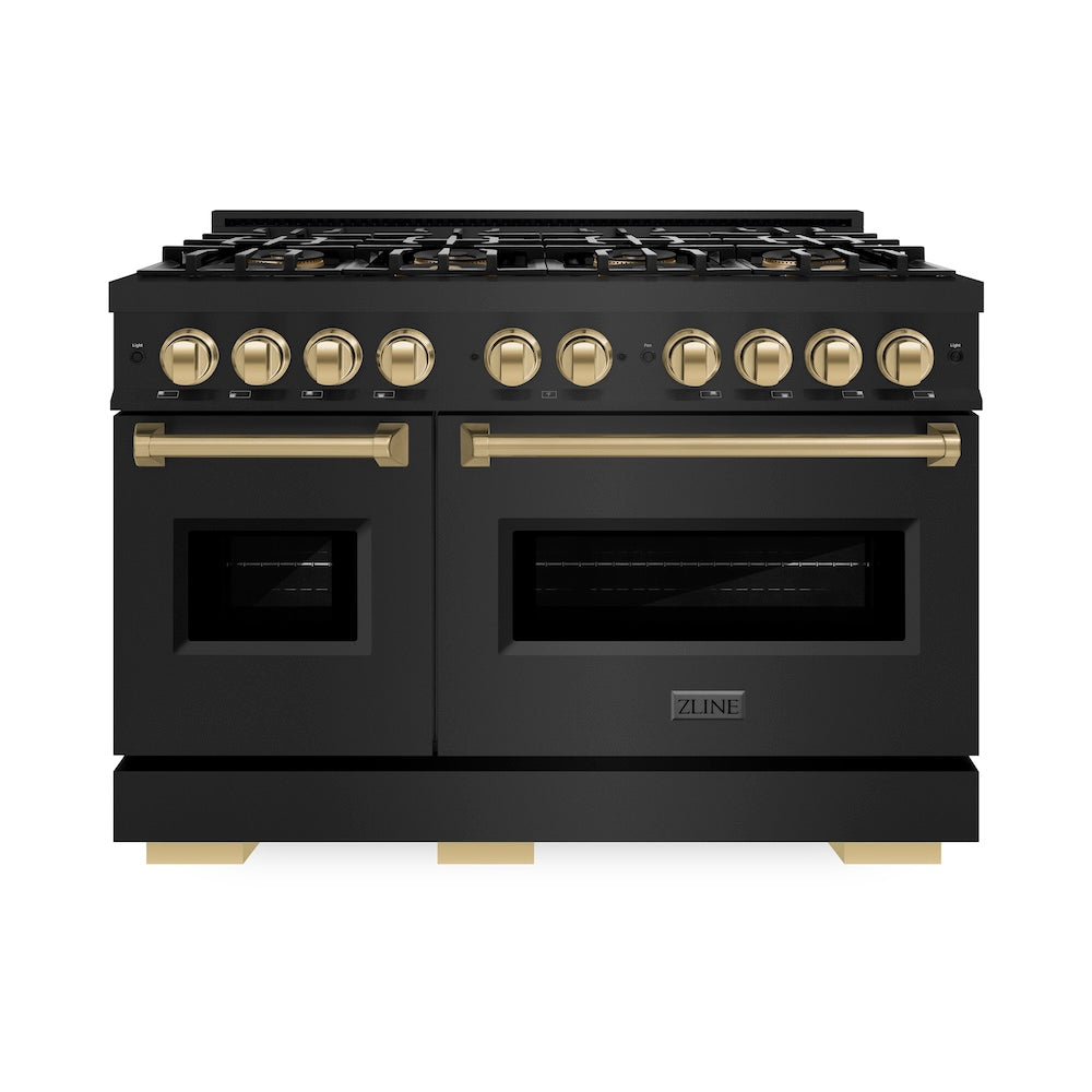 ZLINE Autograph Edition 48 in. 6.7 cu. ft. Classic Dual Fuel Range with 8 Burner DuoPro™ Cooktop and Dual Ovens in Black Stainless Steel and Champagne Bronze Accents, Open Box-Great Condition