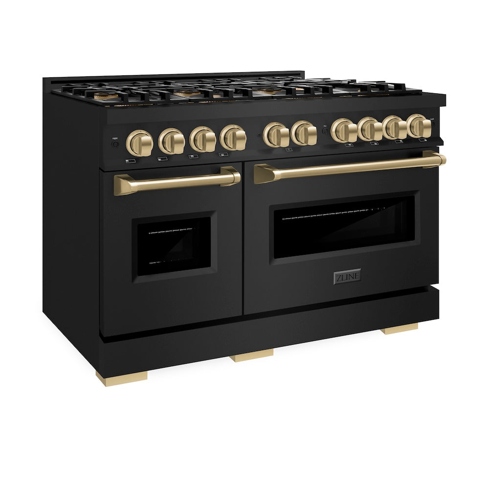 ZLINE Autograph Edition 48 in. 6.7 cu. ft. Classic Dual Fuel Range with 8 Burner DuoPro™ Cooktop and Dual Ovens in Black Stainless Steel and Champagne Bronze Accents, Open Box-Great Condition