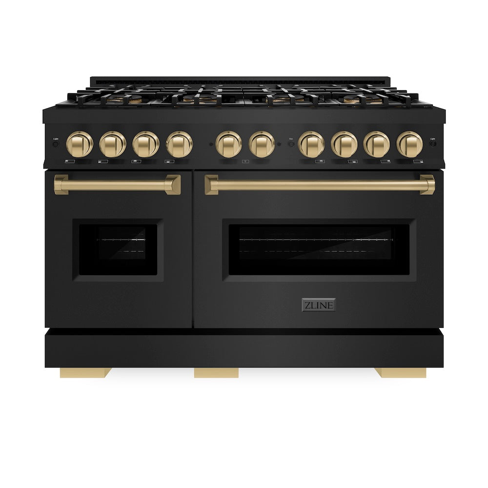 ZLINE Autograph Edition 48 in. 6.7 cu. ft. Classic Dual Fuel Range with 8 Burner DuoPro™ Cooktop and Dual Ovens in Black Stainless Steel and Champagne Bronze Accents (PCDRBZ-48-CB) front.