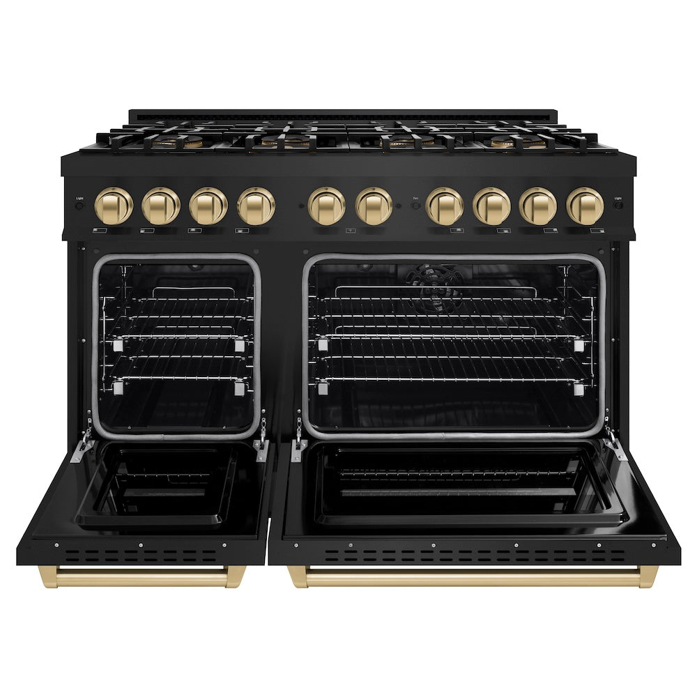 ZLINE Autograph Edition 48 in. 6.7 cu. ft. Classic Dual Fuel Range with 8 Burner DuoPro™ Cooktop and Dual Ovens in Black Stainless Steel and Champagne Bronze Accents, Open Box-Great Condition