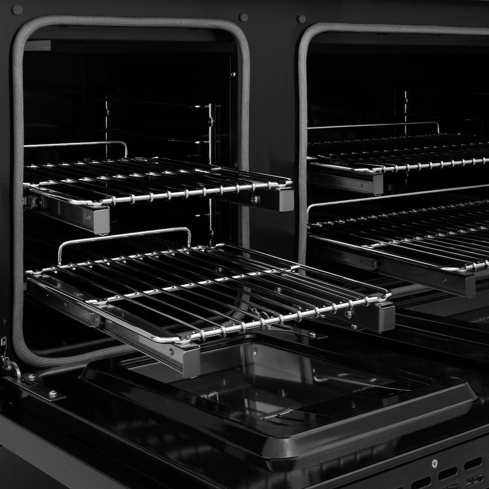 ZLINE Autograph Edition 48 in. 6.7 cu. ft. Classic Dual Fuel Range with 8 Burner DuoPro™ Cooktop and Dual Ovens in Black Stainless Steel and Champagne Bronze Accents, Open Box-Great Condition