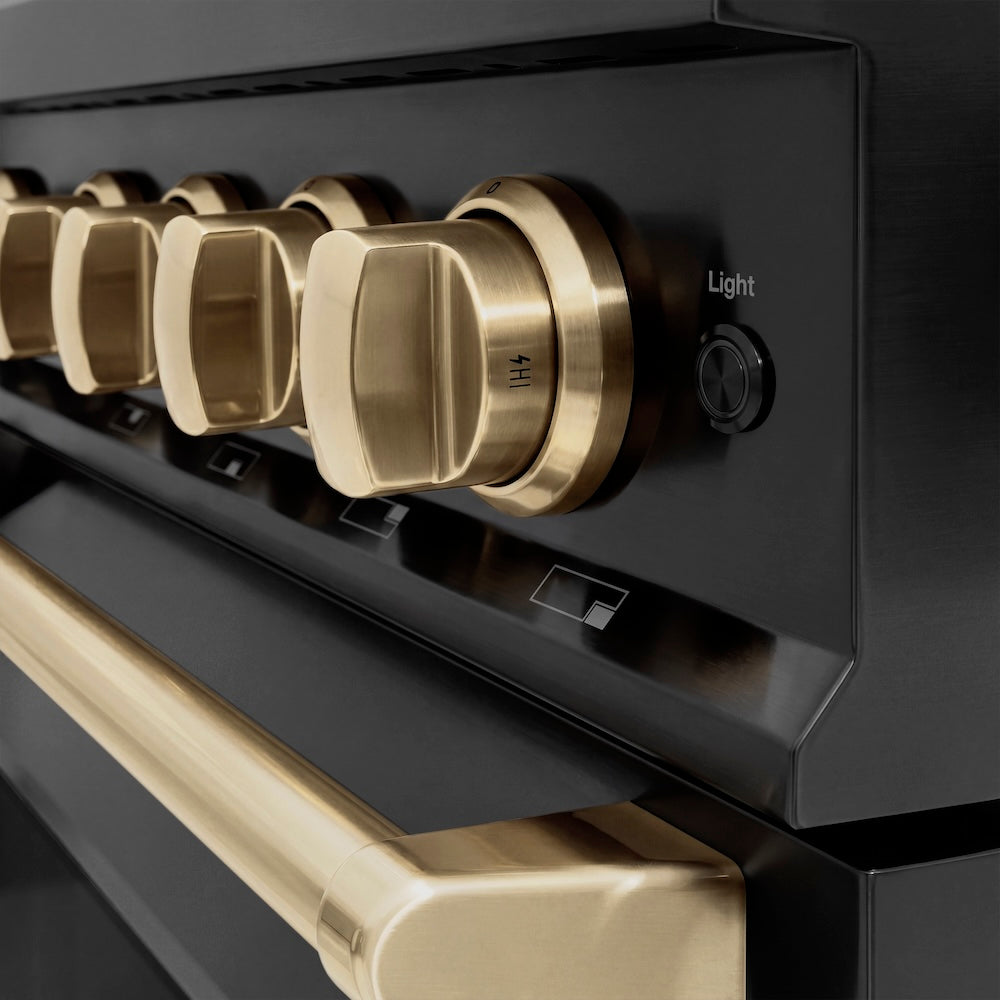 ZLINE Autograph Edition 48 in. 6.7 cu. ft. Classic Dual Fuel Range with 8 Burner DuoPro™ Cooktop and Dual Ovens in Black Stainless Steel and Champagne Bronze Accents, Open Box-Great Condition