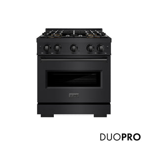 ZLINE 30 in. 4.2 cu. ft. Classic Gas Range with 4 Burner DuoPro™ Cooktop and Convection Gas Oven in Black Stainless Steel (PCGRB-30) main image.
