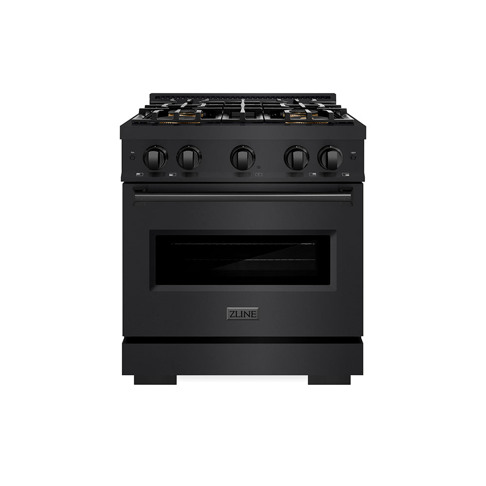ZLINE 30 in. 4.2 cu. ft. Classic Gas Range with 4 Burner DuoPro™ Cooktop and Convection Gas Oven in Black Stainless Steel (PCGRB-30) front, oven closed.