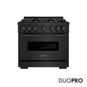 ZLINE 36 in. 5.2 cu. ft. Classic Gas Range with 6 Burner DuoPro™ Cooktop and Convection Gas Oven in Black Stainless Steel (PCGRB-36) main image.