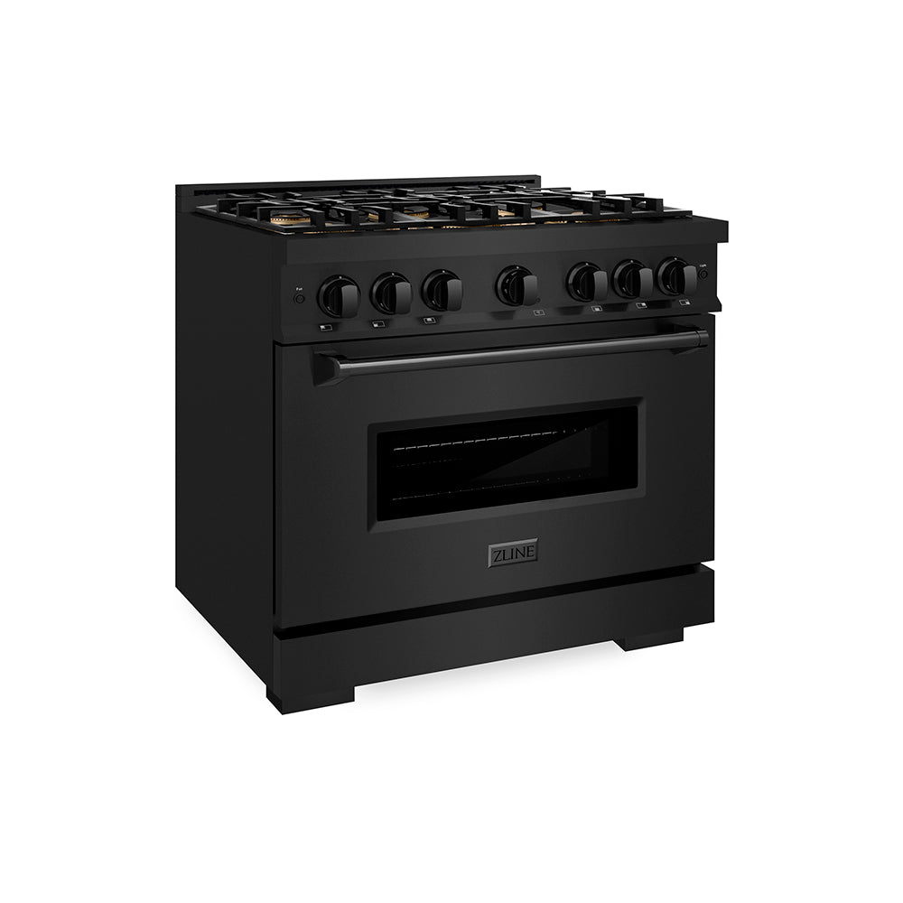 ZLINE 36 in. 5.2 cu. ft. Classic Gas Range with 6 Burner DuoPro™ Cooktop and Convection Gas Oven in Black Stainless Steel (PCGRB-36) side, oven closed.