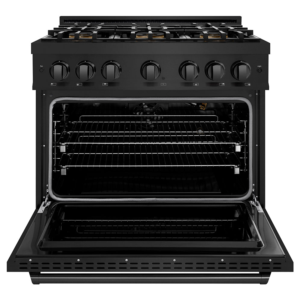 ZLINE 36 in. 5.2 cu. ft. Classic Gas Range with 6 Burner DuoPro™ Cooktop and Convection Gas Oven in Black Stainless Steel, Open Box-Great Condition