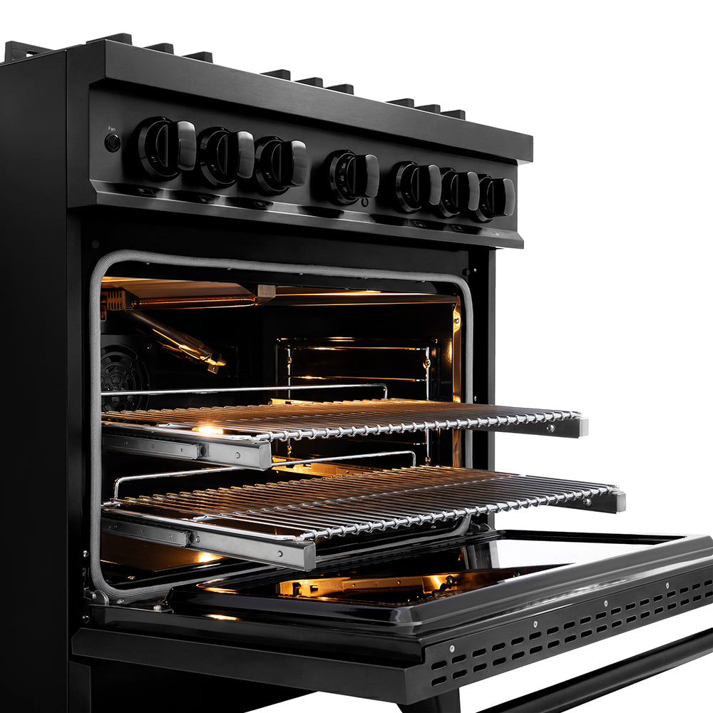 ZLINE 36 in. 5.2 cu. ft. Classic Gas Range with 6 Burner DuoPro™ Cooktop and Convection Gas Oven in Black Stainless Steel, Open Box-Great Condition