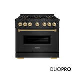 ZLINE Autograph Edition 36 in. 5.2 cu. ft. Classic Gas Range with 6 Burner DuoPro™ Cooktop and Convection Gas Oven in Black Stainless Steel and Champagne Bronze Accents, Open Box-Great Condition