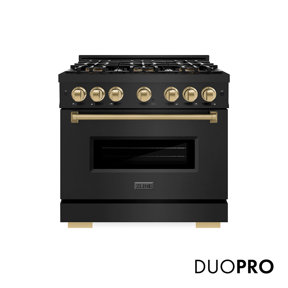ZLINE Autograph Edition 36 in. 5.2 cu. ft. Classic Gas Range with 6 Burner DuoPro™ Cooktop and Convection Gas Oven in Black Stainless Steel and Champagne Bronze Accents, Open Box-Great Condition