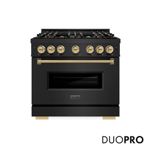 ZLINE Autograph Edition 36 in. 5.2 cu. ft. Classic Gas Range with 6 Burner DuoPro™ Cooktop and Convection Gas Oven in Black Stainless Steel and Champagne Bronze Accents, Open Box-Great Condition