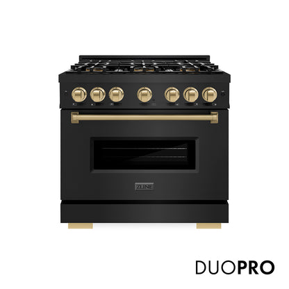 ZLINE Autograph Edition 36 in. 5.2 cu. ft. Classic Gas Range with 6 Burner DuoPro™ Cooktop and Convection Gas Oven in Black Stainless Steel and Champagne Bronze Accents, Open Box-Great Condition