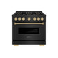 ZLINE Autograph Edition 36 in. 5.2 cu. ft. Classic Gas Range with 6 Burner DuoPro™ Cooktop and Convection Gas Oven in Black Stainless Steel and Champagne Bronze Accents (PCGRBZ-36-CB) front, oven closed.