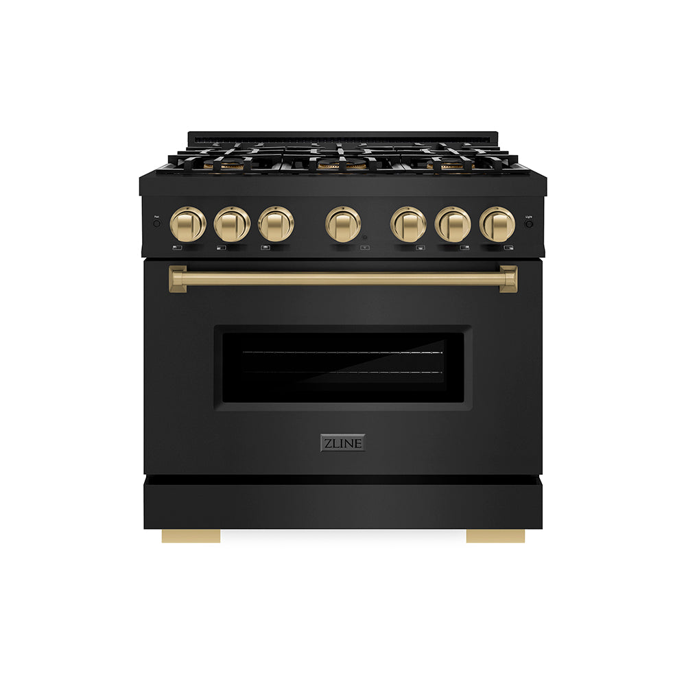 ZLINE Autograph Edition 36 in. 5.2 cu. ft. Classic Gas Range with 6 Burner DuoPro™ Cooktop and Convection Gas Oven in Black Stainless Steel and Champagne Bronze Accents (PCGRBZ-36-CB) front, oven closed.