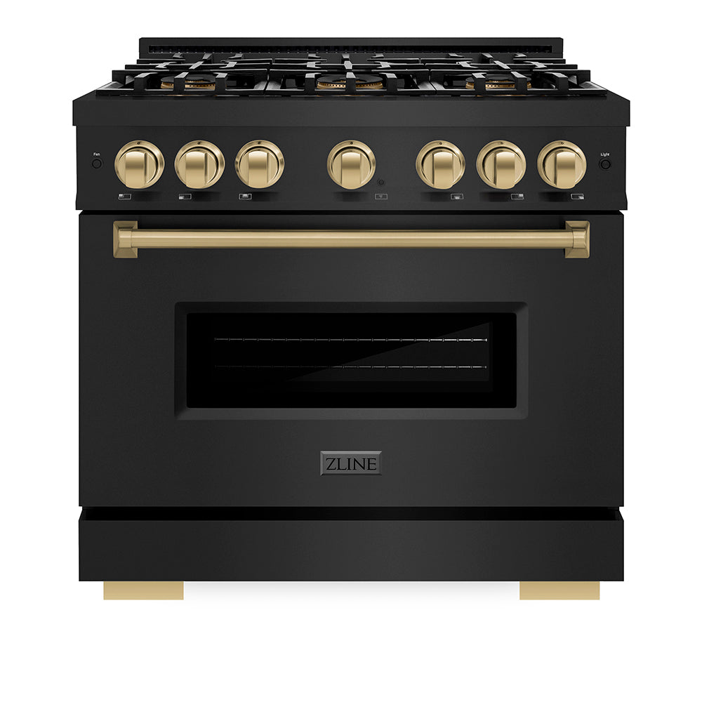 ZLINE Autograph Edition 36 in. 5.2 cu. ft. Classic Gas Range with 6 Burner DuoPro™ Cooktop and Convection Gas Oven in Black Stainless Steel and Champagne Bronze Accents, Open Box-Great Condition