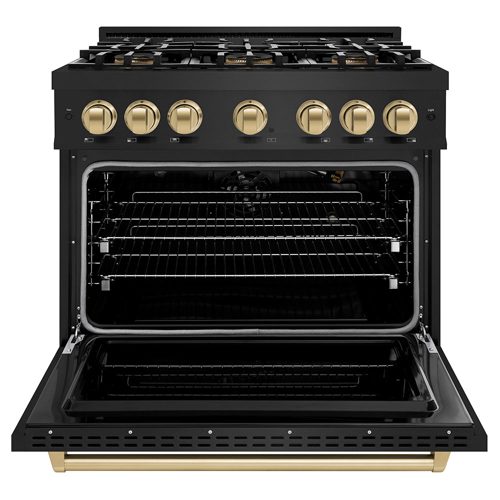 ZLINE Autograph Edition 36 in. 5.2 cu. ft. Classic Gas Range with 6 Burner DuoPro™ Cooktop and Convection Gas Oven in Black Stainless Steel and Champagne Bronze Accents, Open Box-Great Condition