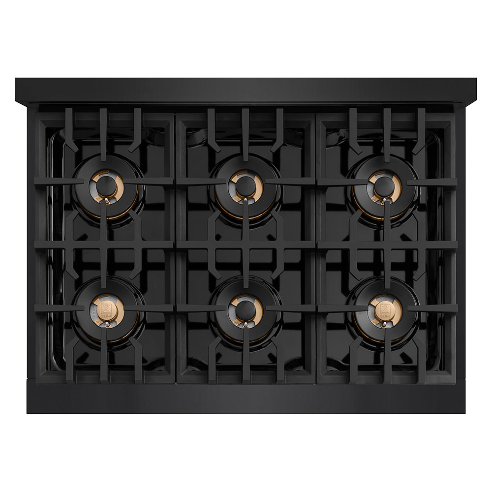 ZLINE Autograph Edition 36 in. 5.2 cu. ft. Classic Gas Range with 6 Burner DuoPro™ Cooktop and Convection Gas Oven in Black Stainless Steel and Champagne Bronze Accents, Open Box-Great Condition