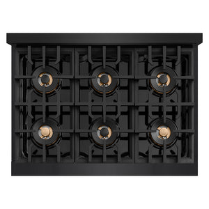 ZLINE Autograph Edition 36 in. 5.2 cu. ft. Classic Gas Range with 6 Burner DuoPro™ Cooktop and Convection Gas Oven in Black Stainless Steel and Champagne Bronze Accents, Open Box-Great Condition