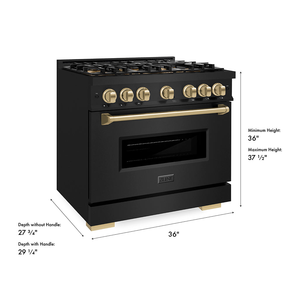 ZLINE Autograph Edition 36 in. 5.2 cu. ft. Classic Gas Range with 6 Burner DuoPro™ Cooktop and Convection Gas Oven in Black Stainless Steel and Champagne Bronze Accents, Open Box-Great Condition