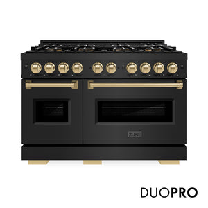 ZLINE Autograph Edition 48 in. 6.7 cu. ft. Classic Gas Range with 8 Burner DuoPro™ Cooktop and Dual Ovens in Black Stainless Steel and Champagne Bronze Accents (PCGRBZ-48-CB) main image.