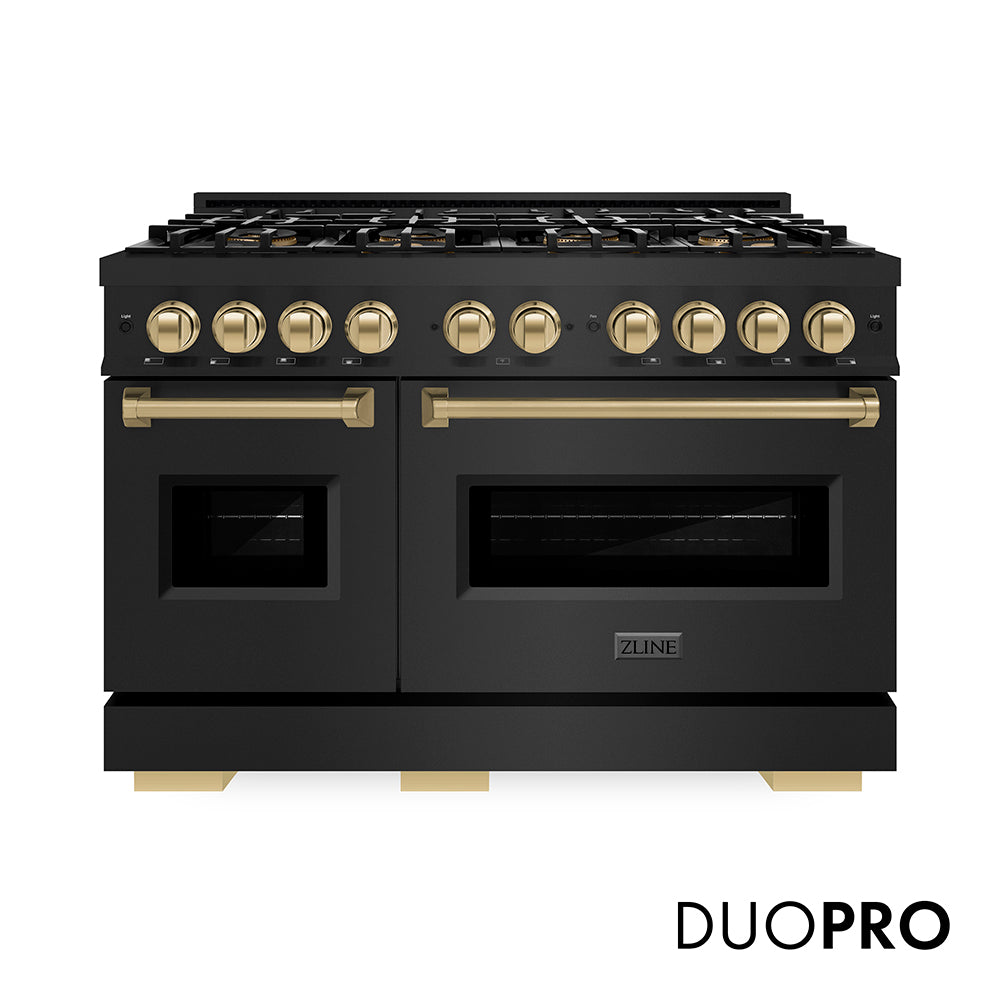 ZLINE Autograph Edition 48 in. 6.7 cu. ft. Classic Gas Range with 8 Burner DuoPro™ Cooktop and Dual Ovens in Black Stainless Steel and Champagne Bronze Accents, Open Box-Great Condition