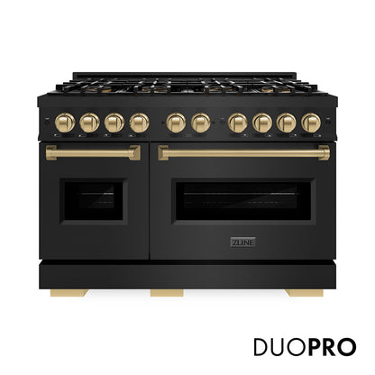 ZLINE Autograph Edition 48 in. 6.7 cu. ft. Classic Gas Range with 8 Burner DuoPro™ Cooktop and Dual Ovens in Black Stainless Steel and Champagne Bronze Accents, Open Box-Great Condition