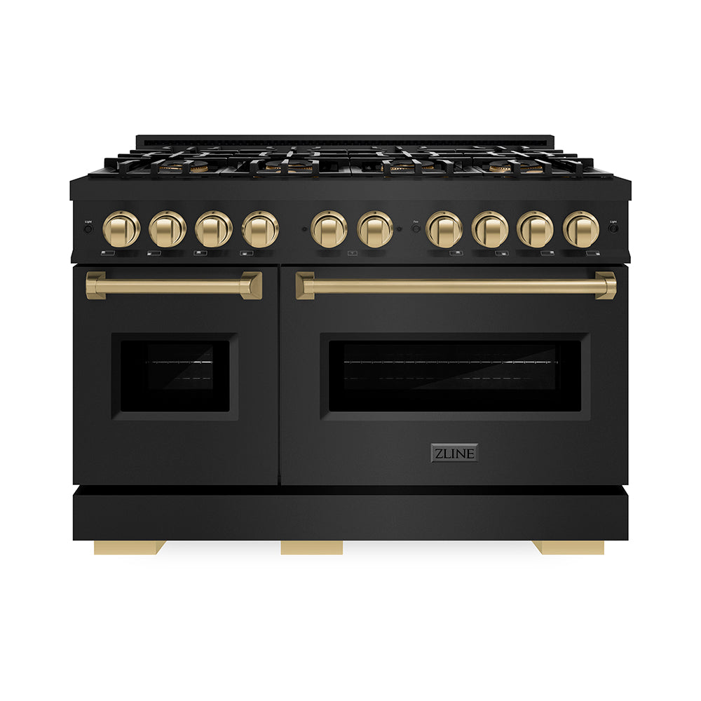 ZLINE Autograph Edition 48 in. 6.7 cu. ft. Classic Gas Range with 8 Burner DuoPro™ Cooktop and Dual Ovens in Black Stainless Steel and Champagne Bronze Accents, Open Box-Great Condition
