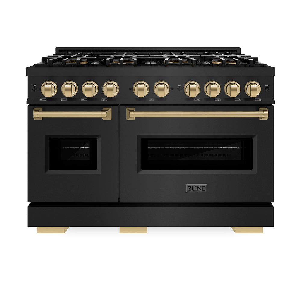 ZLINE Autograph Edition 48 in. 6.7 cu. ft. Classic Gas Range with 8 Burner DuoPro™ Cooktop and Dual Ovens in Black Stainless Steel and Champagne Bronze Accents (PCGRBZ-48-CB) front.