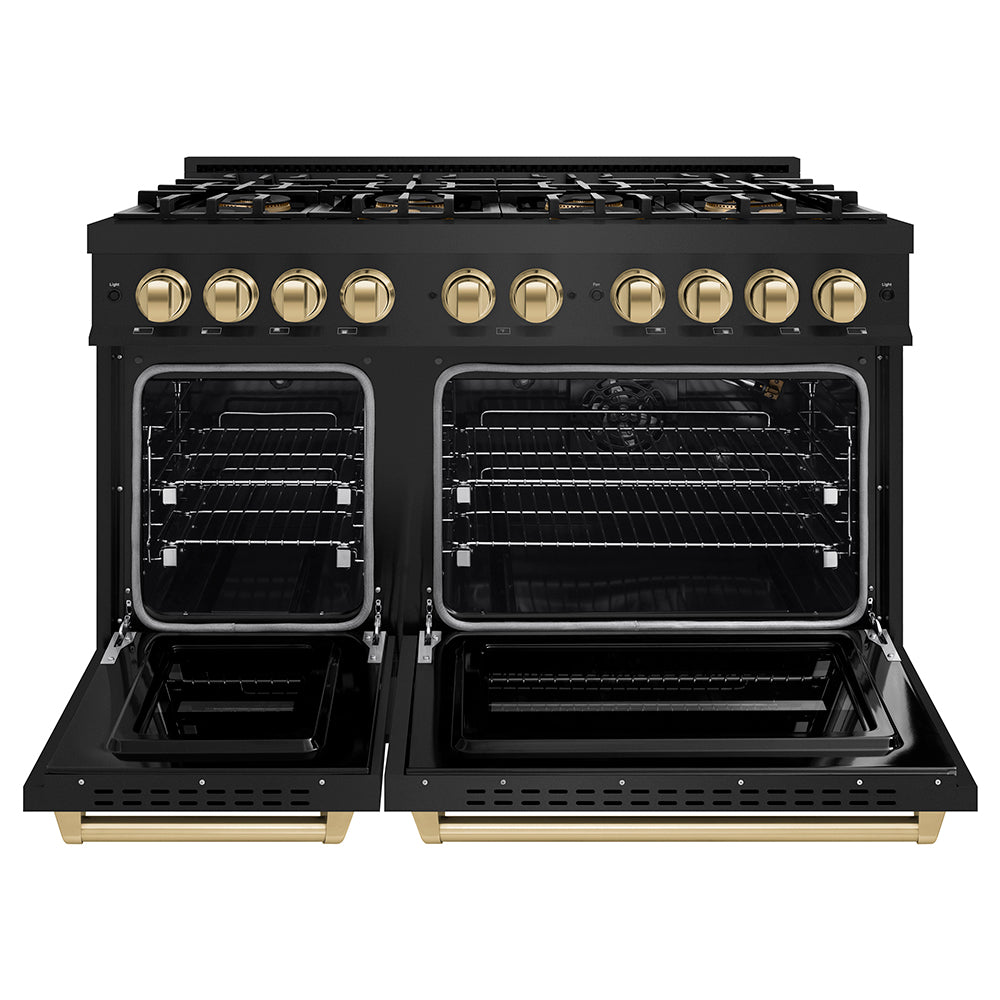 ZLINE Autograph Edition 48 in. 6.7 cu. ft. Classic Gas Range with 8 Burner DuoPro™ Cooktop and Dual Ovens in Black Stainless Steel and Champagne Bronze Accents, Open Box-Great Condition