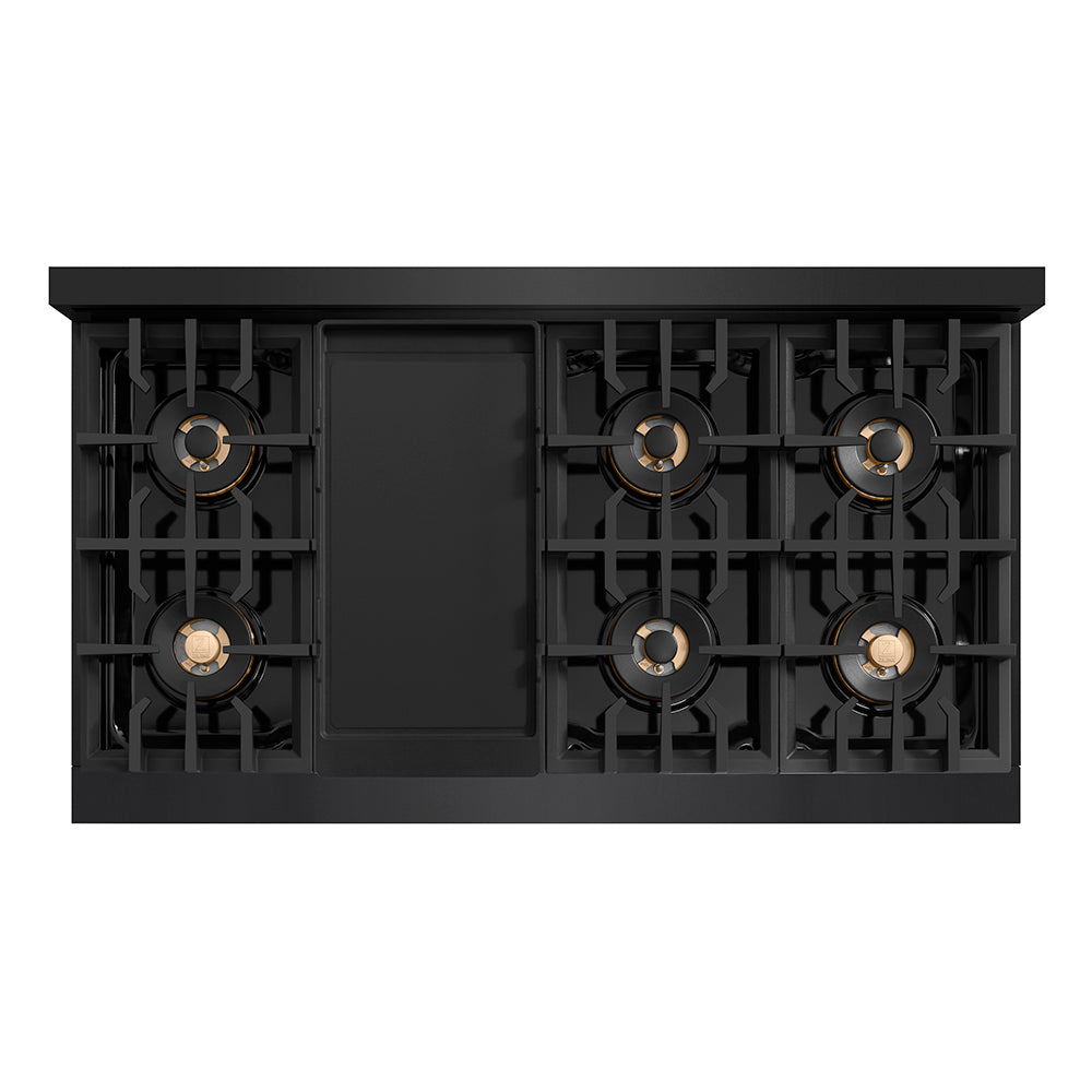 ZLINE Autograph Edition 48 in. 6.7 cu. ft. Classic Gas Range with 8 Burner DuoPro™ Cooktop and Dual Ovens in Black Stainless Steel and Champagne Bronze Accents, Open Box-Great Condition