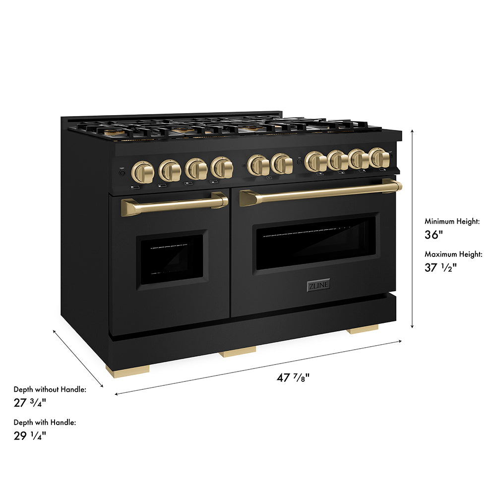 ZLINE Autograph Edition 48 in. 6.7 cu. ft. Classic Gas Range with 8 Burner DuoPro™ Cooktop and Dual Ovens in Black Stainless Steel and Champagne Bronze Accents, Open Box-Great Condition