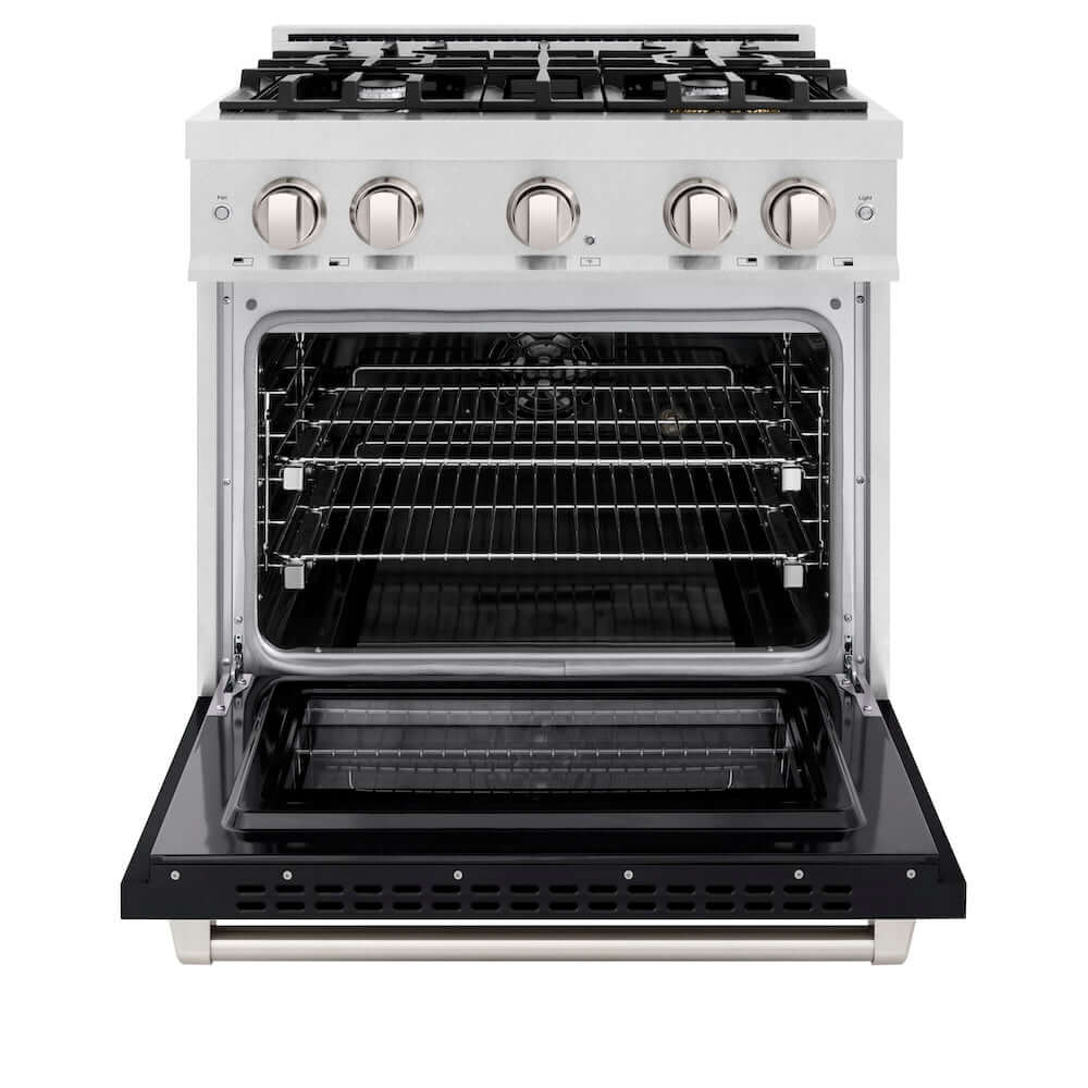 ZLINE 30 in. 4.2 cu. ft. Select Dual Fuel Range with 4 Burner Gas Cooktop and Electric Convection Oven in DuraSnow® Stainless Steel with Black Matte Door (HDRS-BLM-30)