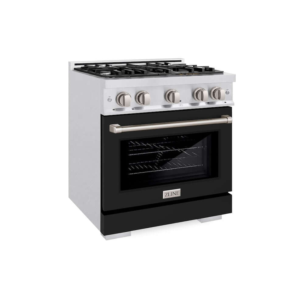 ZLINE 30 in. 4.2 cu. ft. Select Dual Fuel Range with 4 Burner Gas Cooktop and Electric Convection Oven in DuraSnow® Stainless Steel with Black Matte Door (HDRS-BLM-30)