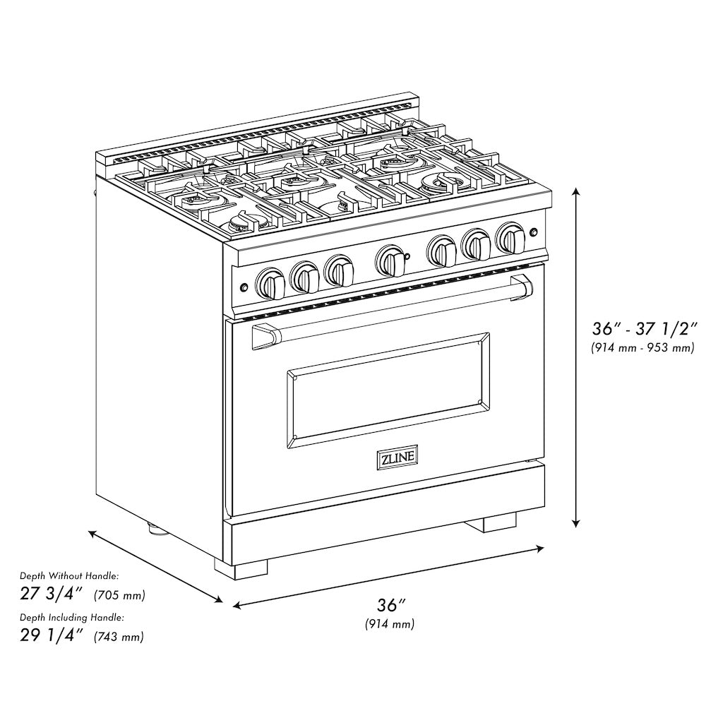 ZLINE 36 in. 5.2 cu. ft. Classic Dual Fuel Range with 6 Burner Gas Cooktop and Electric Convection Oven in DuraSnow® Stainless Steel (CDRS-36) dimensional diagram.