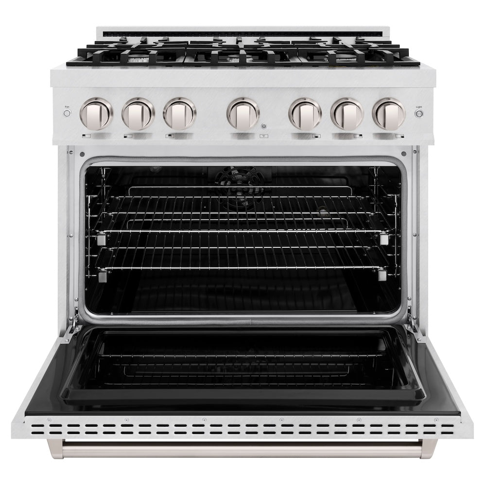 ZLINE 36 in. 5.2 cu. ft. Classic Dual Fuel Range with 6 Burner Gas Cooktop and Electric Convection Oven in DuraSnow® Stainless Steel (CDRS-36) front, oven open.