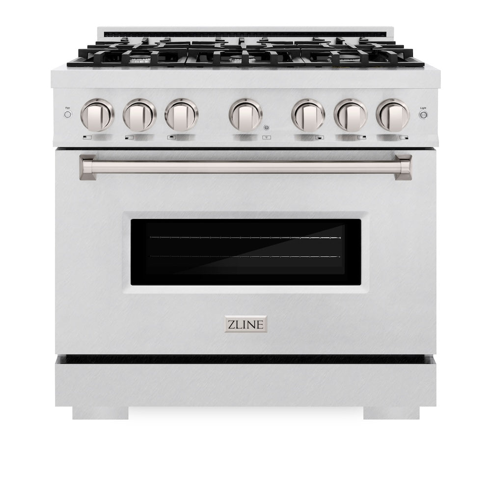 ZLINE 36 in. 5.2 cu. ft. Classic Dual Fuel Range with 6 Burner Gas Cooktop and Electric Convection Oven in DuraSnow® Stainless Steel (CDRS-36) front, oven closed.