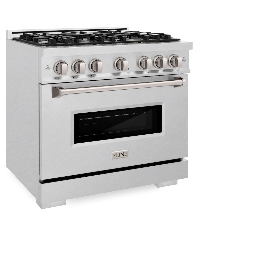 ZLINE 36 in. 5.2 cu. ft. Classic Dual Fuel Range with 6 Burner Gas Cooktop and Electric Convection Oven in DuraSnow® Stainless Steel (CDRS-36) side, oven closed.