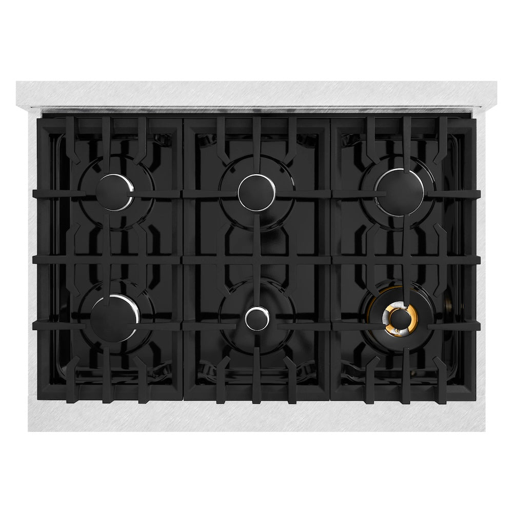 ZLINE 36 in. 5.2 cu. ft. Classic Dual Fuel Range with 6 Burner Gas Cooktop and Electric Convection Oven in DuraSnow® Stainless Steel (CDRS-36) top-down, above cooktop.