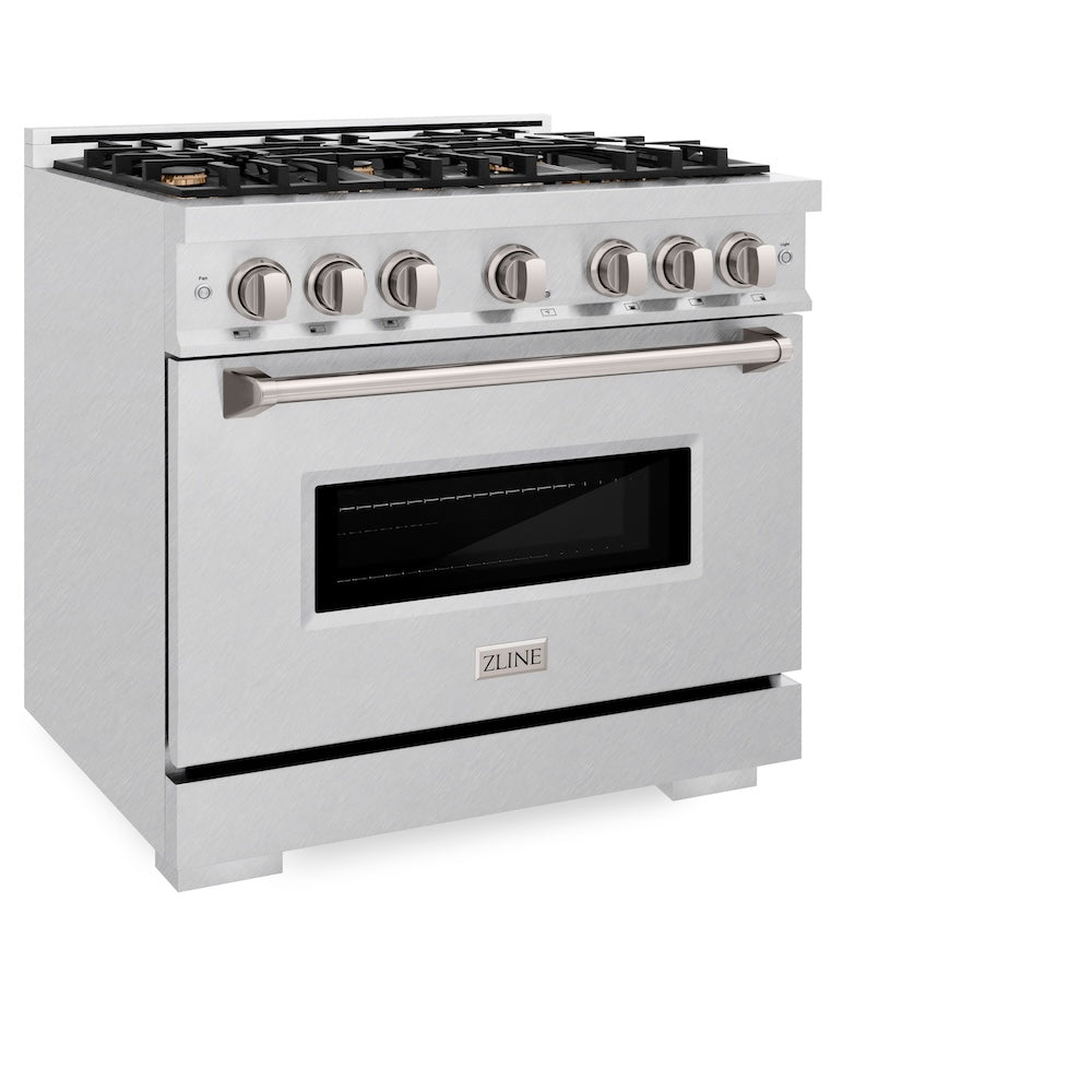 ZLINE 36 in. 5.2 cu. ft. Classic Dual Fuel Range with Gas Cooktop and Electric Convection Oven in DuraSnow® Stainless Steel with 6 Brass Burners (CDRS-BR-36) side, oven closed.