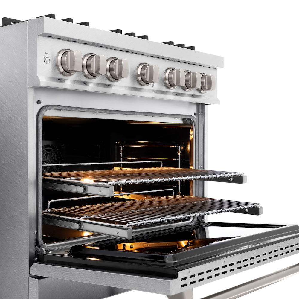 ZLINE 36 in. 5.2 cu. ft. Classic Dual Fuel Range with Gas Cooktop and Electric Convection Oven in DuraSnow® Stainless Steel with 6 Brass Burners (CDRS-BR-36) close-up, oven open with racks extended.