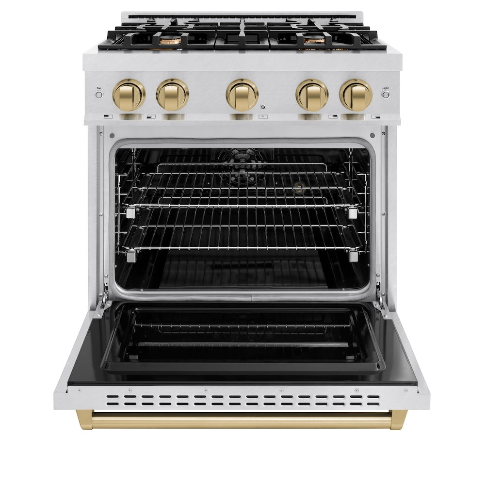 ZLINE Autograph Edition 30 in. 4.2 cu. ft. Classic Dual Fuel Range with 4 Burner Gas Cooktop and Electric Convection Oven in DuraSnow® Stainless Steel with Champagne Bronze Accents (CDRSZ-30-CB)