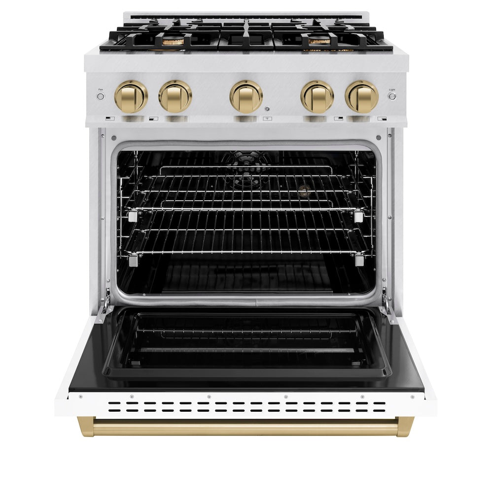 ZLINE Autograph Edition 30 in. 4.2 cu. ft. Classic Dual Fuel Range with 4 Burner Gas Cooktop and Electric Convection Oven in DuraSnow® Stainless Steel with White Matte Door and Champagne Bronze Accents (CDRSZ-WM-30-CB)